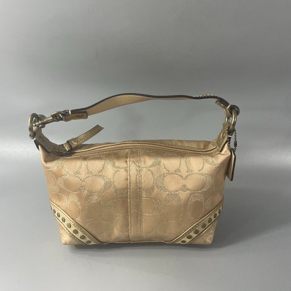 Vintage Coach Shiny Gold Studded Signature Pouch Bag - Picture 1 of 13